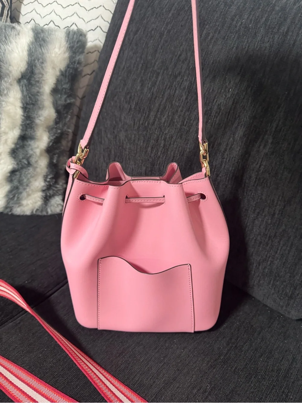 Michael Kors Pink Leather Drawstring Bucket Crossbody